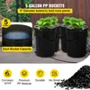 Four black hydroponic buckets with green plants growing out of them, set on a concrete surface with a stone wall and wooden fence in the background. Text overlays highlight product features and capacity. Náhľad obrázku produktu