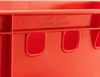 A close-up view of the side of a red plastic crate, showing embossed text and cut-out handles. Produktbild-Vorschau