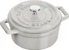 A close-up studio shot of a small, round, gray cast iron pot with a white lid and handle. Podgląd zdjęcia produktu