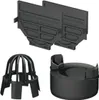A set of black plastic drainage accessories, including two clips, a grate, and a base, arranged on a white background. Produktbild-Vorschau
