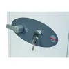 A close-up view of a safe's handle, key lock, and a logo. Voir les images du produit