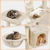 A collage of four images showing different parts of a beige cat tree with cats interacting with it. Produktbild-Vorschau