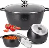 A collection of cookware and ingredients, including a large pot with a lid, a smaller pot with food, tomatoes, and a detached pot base. Produktbild-Vorschau