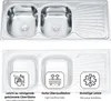 A top-down view of a double kitchen sink with accompanying feature callouts and text descriptions. Produktbild-Vorschau