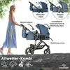 A woman pushing a stroller outdoors with feature callouts. Produktbild-Vorschau