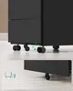 A close-up view of the bottom of a black cabinet or filing cabinet, showing its casters and a diagram indicating a locking mechanism. Produktbild-Vorschau