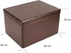 A brown wooden box with a lid, shown from a slightly elevated side angle. Dimensions are indicated with lines and text. Produktbild-Vorschau