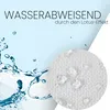 A close-up of a white textured material with water droplets on it, next to a splash of water. Text indicates water repellency due to the lotus effect. Produktbild-Vorschau