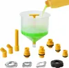 A set of coolant filling funnels and adapters is displayed against a white background. A yellow liquid is being poured into the main funnel. Podgląd zdjęcia produktu