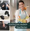 A collage of images showing black microfiber cloths being used for cleaning, with a main image of a woman in an apron holding cleaning supplies. Produktbild-Vorschau