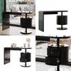 Collage of a black high-gloss vanity table with drawers, shown from different angles and in a room setting. Podgląd zdjęcia produktu