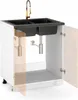 A kitchen sink cabinet with a double sink and faucet, shown with the cabinet doors open. Náhled obrázku produktu