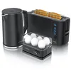 A black electric kettle, a black toaster with toast, and a black egg cooker with eggs are arranged on a white surface. Produktbild-Vorschau