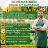 A man in an apron stands in a garden setting, with text overlays and icons describing a product. Produktbild-Vorschau