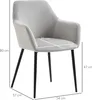 A light gray armchair with black legs, shown with dimensions overlaid on the seat and legs. Voir les images du produit