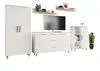 A set of modern white living room furniture with wood accents, including a tall cabinet, a media console with drawers and cabinets, and a smaller cabinet with shelves. Two shelves are mounted on the wall above the media console, displaying decorative items Podgląd zdjęcia produktu
