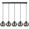 A black linear chandelier with five smoked glass globe shades. Náhled obrázku produktu