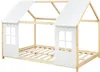 A wooden bed frame designed to look like a house, with white panels resembling windows and a roof. Anteprima dell’immagine prodotto