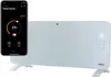 A smartphone displaying a panel heater app is placed next to a white glass panel heater with a digital display. Produktbild-Vorschau