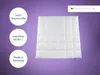 A white quilted blanket is shown against a purple background, with three circular callouts on the left detailing product features and a brand logo in the top right corner. Produktbild-Vorschau