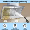 A split image showing a dirty range hood before and after cleaning with a steam cleaner. Below are icons and text describing the product's features. Podgląd zdjęcia produktu