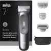 A product shot of a Braun Series 7 Body Groomer and its accessories, presented on a dark background with text describing its features. Náhľad obrázku produktu
