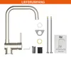 A collection of kitchen faucet parts and accessories laid out on a white background, with a header indicating ' Lieferumfang' (Scope of Delivery). Náhled obrázku produktu