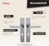 A marketing image showcasing a pair of door handles with descriptive text highlighting features. Produktbild-Vorschau