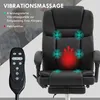 A person is shown in the background, partially obscured, while the foreground features a black massage chair with glowing icons indicating vibration points and heat. Produktbild-Vorschau