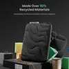 A black laptop sleeve is displayed with various recycled materials and text highlighting its eco-friendly composition. Podgląd zdjęcia produktu