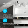 A close-up view of a white ceramic sink with drawers below, featuring marketing text and icons highlighting product features. Produktbild-Vorschau