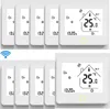 Multiple white smart thermostats are displayed in a collage, with some showing a digital display of temperature and time. Produktbild-Vorschau