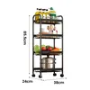 A black metal kitchen cart with four shelves, filled with various items including bottles, dishes, vegetables, and a pot. Produktbild-Vorschau