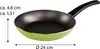 A green frying pan with a black handle is shown against a white background, with dimensions indicated by text and arrows. Produktbild-Vorschau