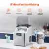 A countertop ice maker is shown with various features highlighted by text and icons. A glass of drink and bottles of beverages are also present. Náhled obrázku produktu