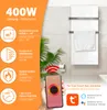A bathroom scene featuring a white towel warmer with a towel on it, alongside marketing text and icons. Produktbild-Vorschau