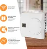 A marketing image showing a white wireless thermostat with various feature callouts. Voir les images du produit