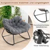 A gray rocking chair with a thick cushion is shown on a patio or deck, with greenery in the background. Close-up insets highlight the metal frame and connection points. Anteprima dell’immagine prodotto