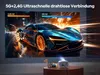 A projector is shown projecting an image of a sports car onto a screen. The screen is split into two halves, one showing a 2.4 GHz connection and the other showing a 5 GHz connection, with bars indicating signal strength. A smartphone is also visible next  Produktbild-Vorschau