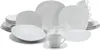 A collection of white ceramic dinnerware, including plates, bowls, and cups, arranged on a white background. Produktbild-Vorschau