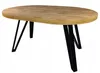 An oval-shaped dining table with a wood-grain top and black metal legs, presented against a white background. Náhled obrázku produktu