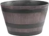 A brown planter with a wood-like texture and black bands, designed to resemble a barrel. Produktbild-Vorschau
