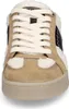 A close-up, front-facing view of a beige Guess sneaker with white laces and a white fuzzy lining. Produktbild-Vorschau