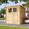 A wooden garden shed is shown outdoors next to a patio and a swimming pool. Náhľad obrázku produktu