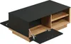 A modern coffee table with black and wood-grain finishes, shown with its front doors open. Voir les images du produit