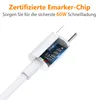 A close-up view of a USB-C connector with a cutaway showing the internal circuitry and text overlays highlighting features. Produktbild-Vorschau
