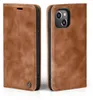 A brown leather flip case for an iPhone 14 is shown from two angles. Produktbild-Vorschau