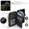 A black leather wallet case for a smartphone, showing its features like card slots, a zipper pocket, and magnetic closure. Produktbild-Vorschau