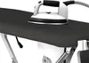 A close-up shot of a white and black steam iron resting on a dark gray ironing board. Produktbild-Vorschau