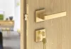 A close-up of a golden door handle and lock mechanism on a wooden door. Produktbild-Vorschau